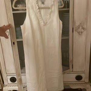 NWOT Tommy Bahama White, linen, a-line dress w/ruffled v-neck, frayed hem